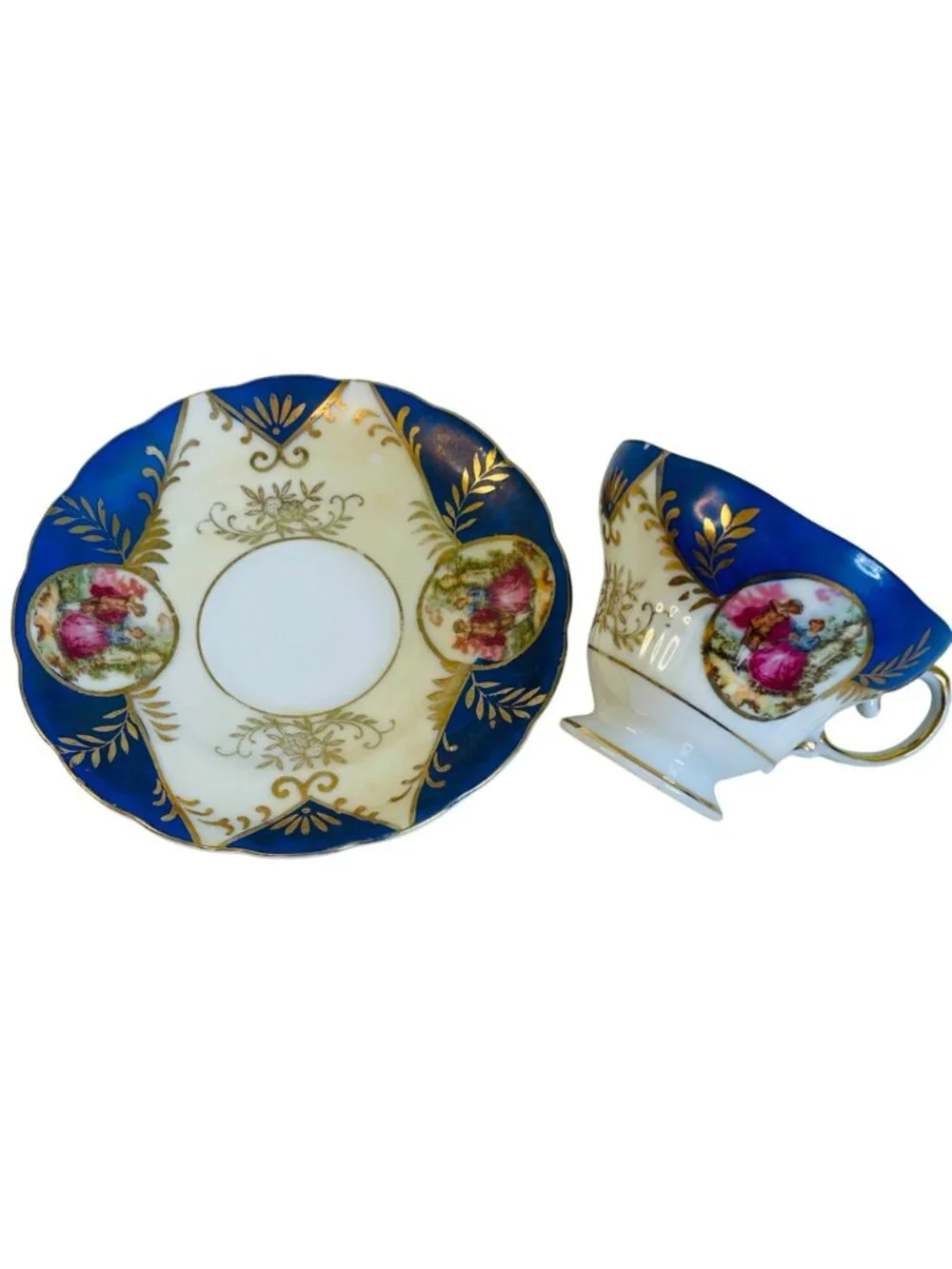 Vintage Cobalt Blue and Gold Teacup Saucer Set Courting Couple Fragonard Style